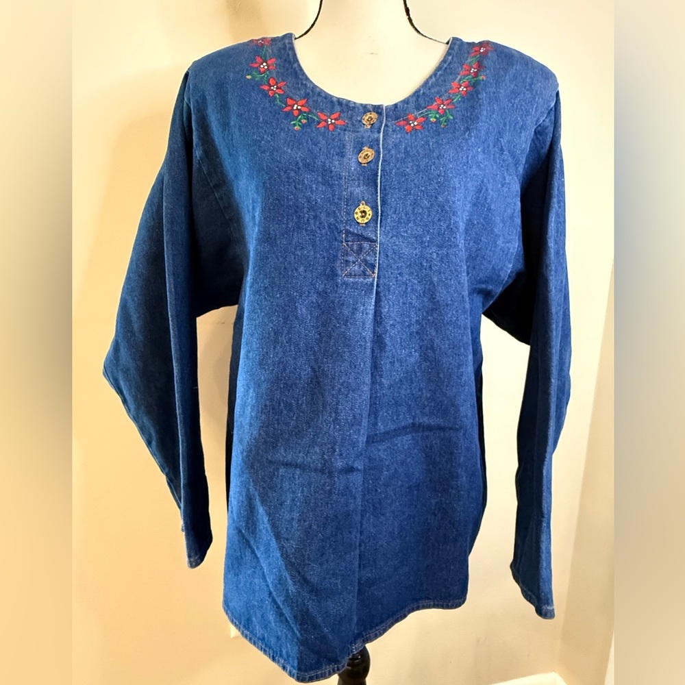 Sunbelt Sportswear vintage denim top floral embroidery SZ M